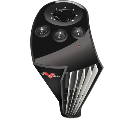 Black tower fan with control buttons on a white background