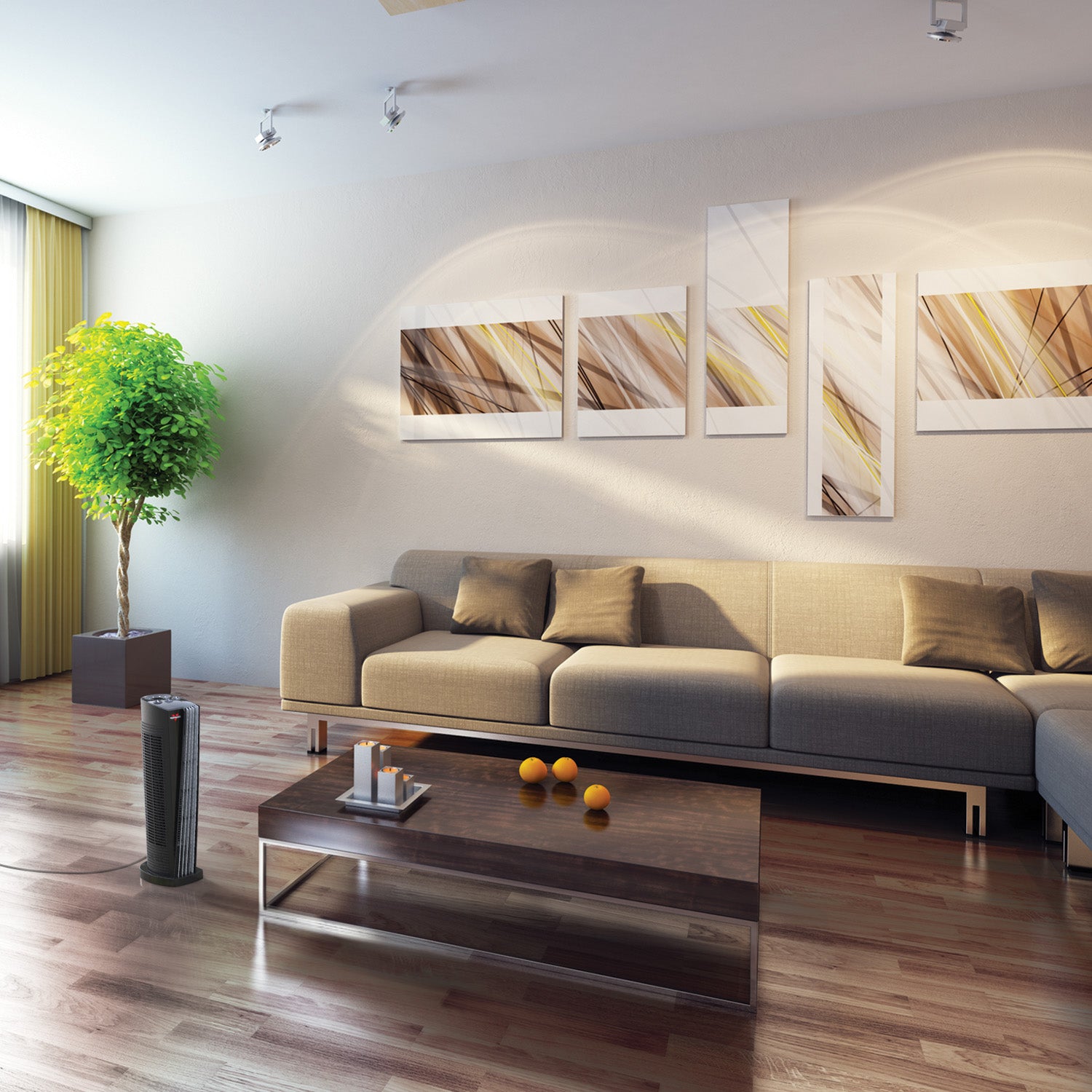Modern living room with a beige sofa, wooden coffee table, and wall art.