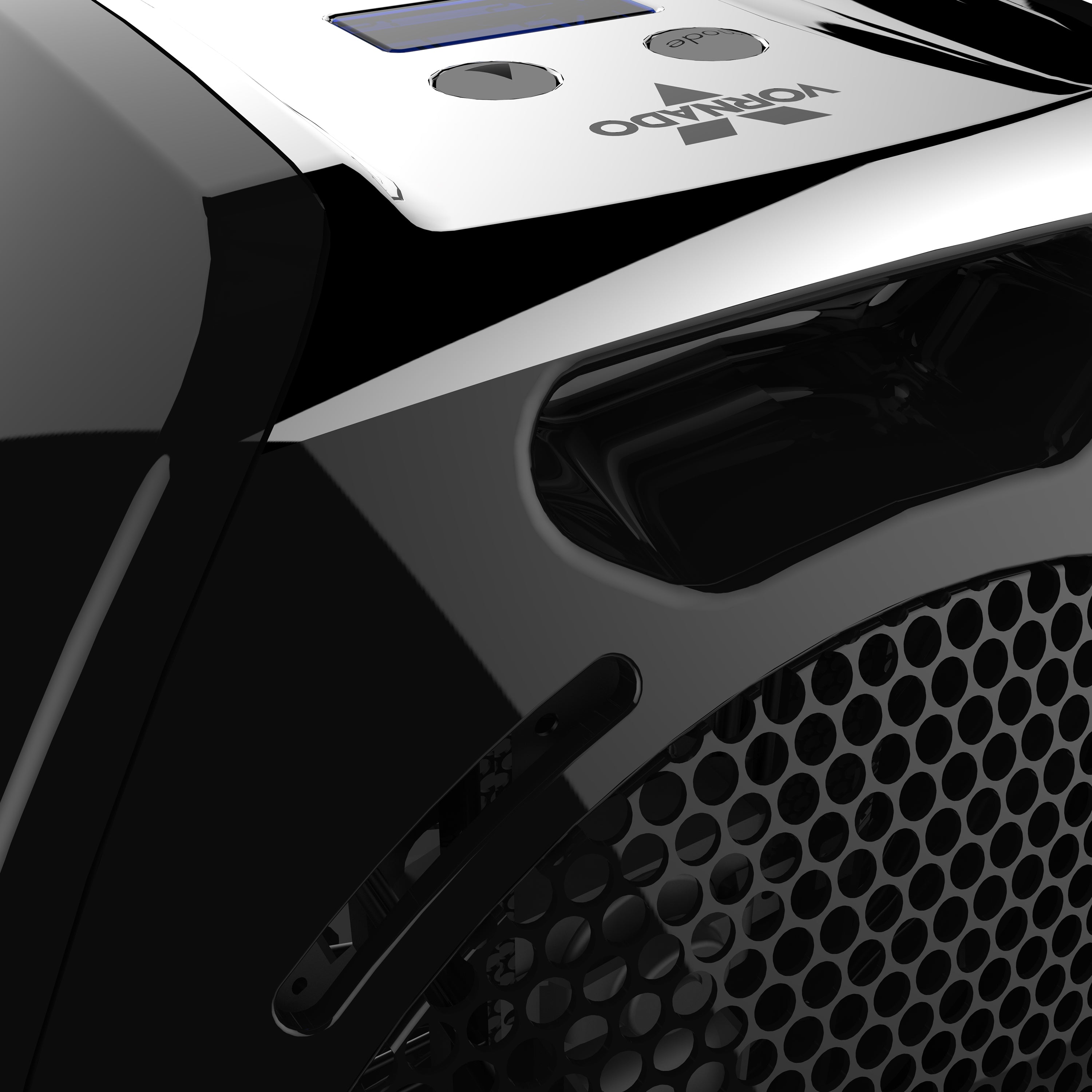 Close-up of a black electronic device with visible branding on a dark background