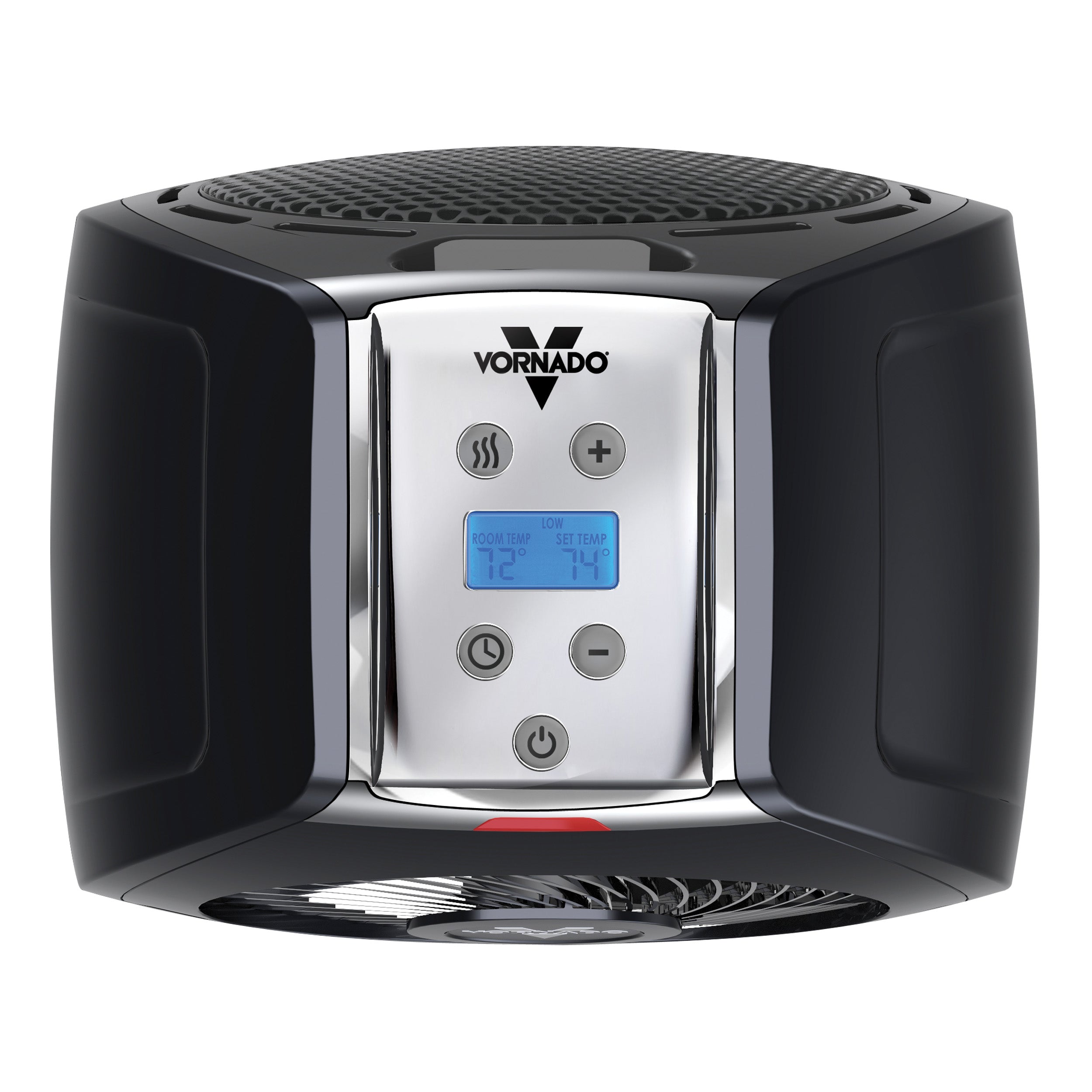 Black Vornado air circulation unit with digital display on a white background