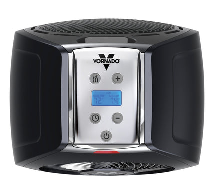 Black Vornado air circulation unit with digital display on a white background