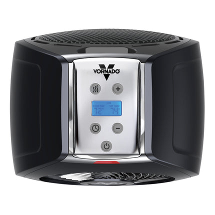 Black Vornado air circulation unit with digital display on a white background