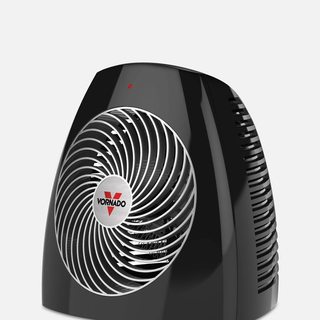 Black Vornado space heater on a white background