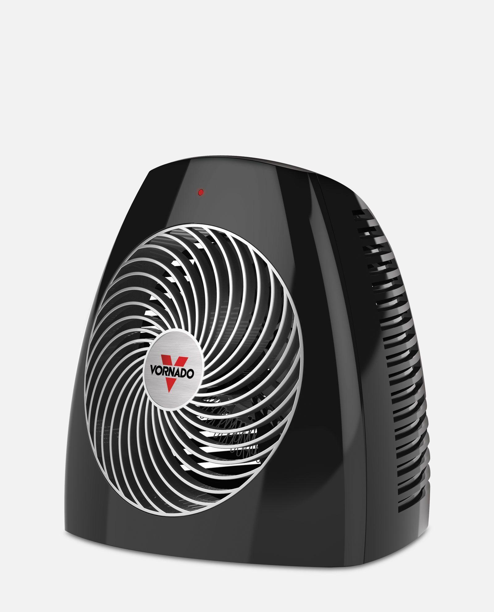 Black Vornado space heater on a white background