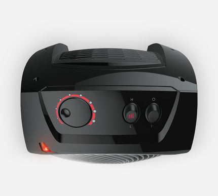 Black electronic device with control knobs on a white background