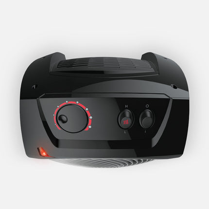 Black electronic device with control knobs on a white background