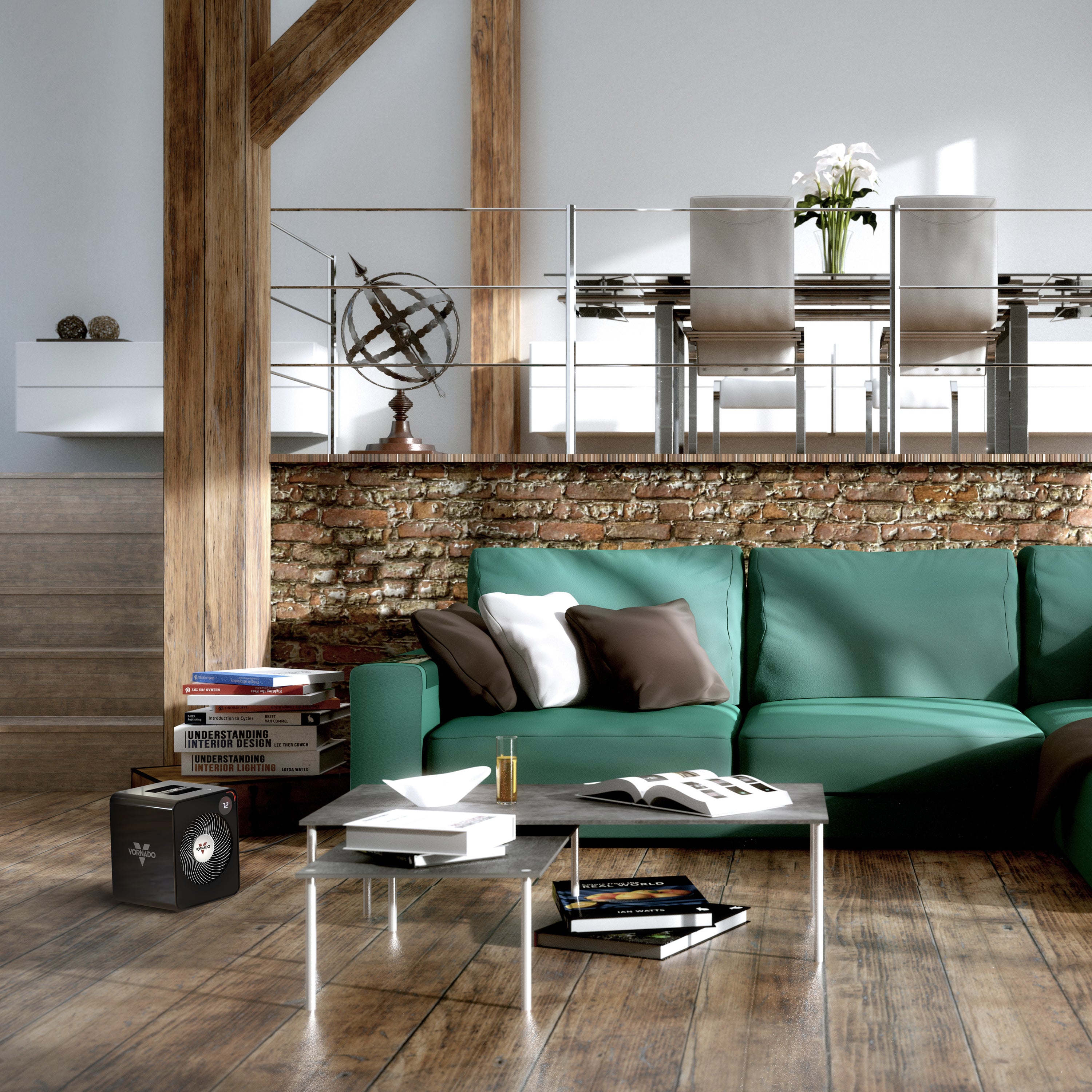Modern living room with a teal sofa, coffee table, and decorative items.