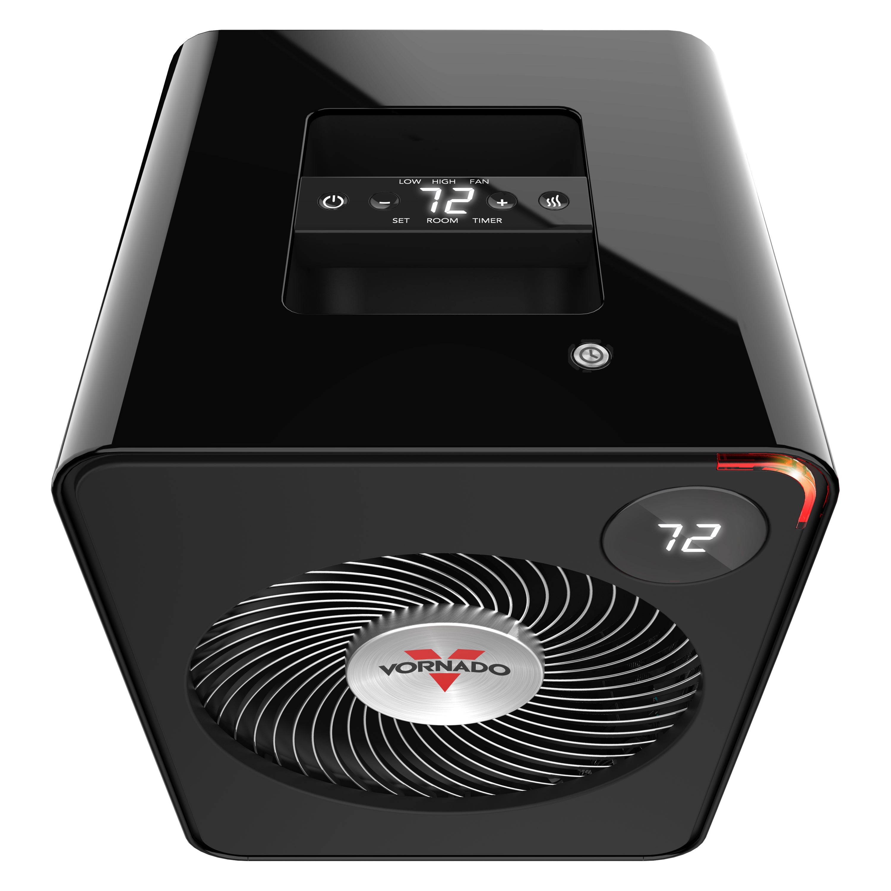 Black heater with digital display and Vornado logo on a white background