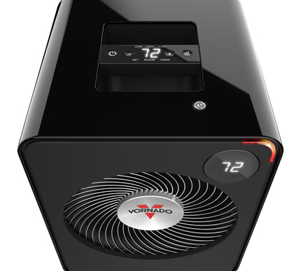 Black heater with digital display and Vornado logo on a white background
