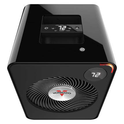 Black heater with digital display and Vornado logo on a white background