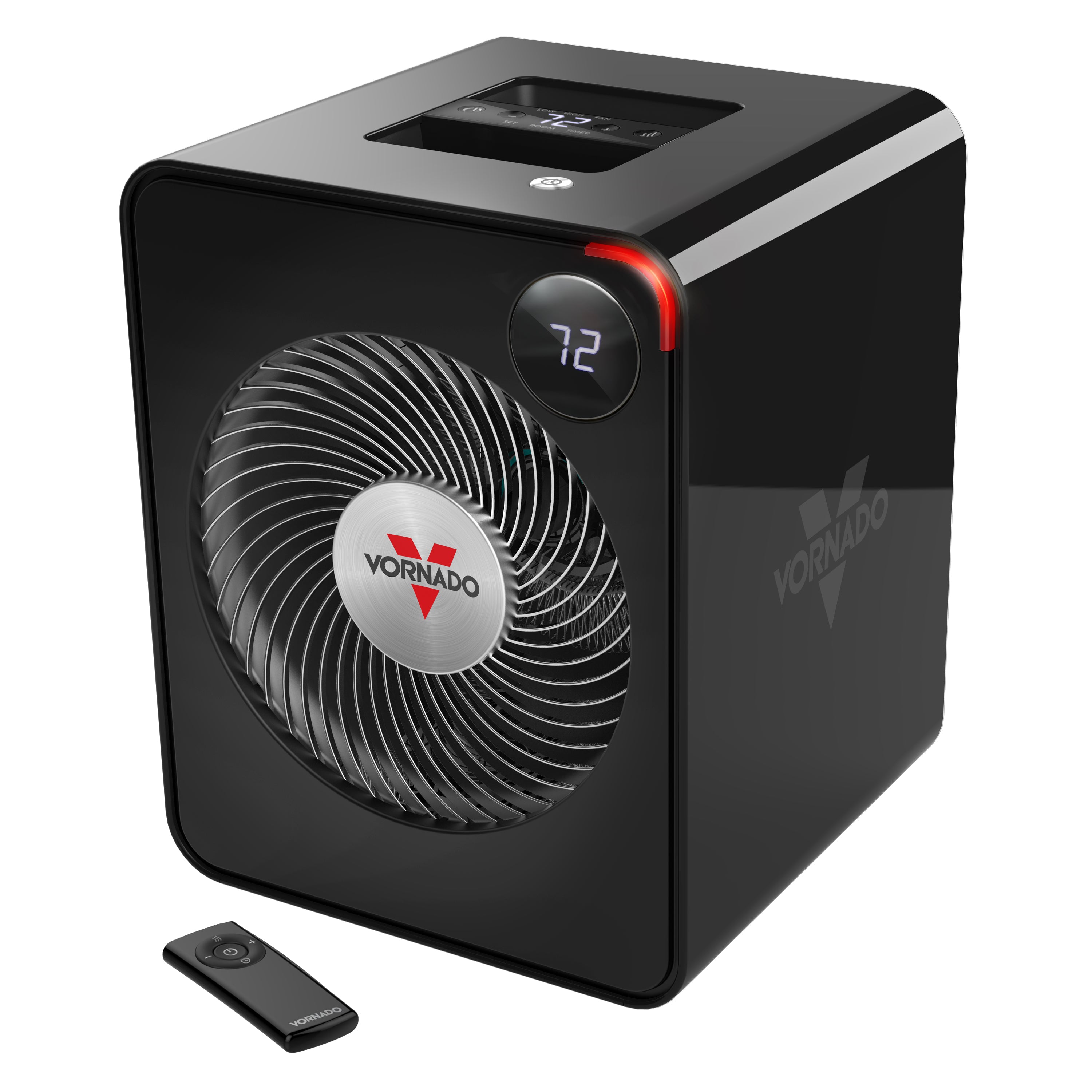 Black Vornado heater with digital display and remote control on a white background