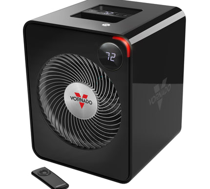 Black Vornado heater with digital display and remote control on a white background