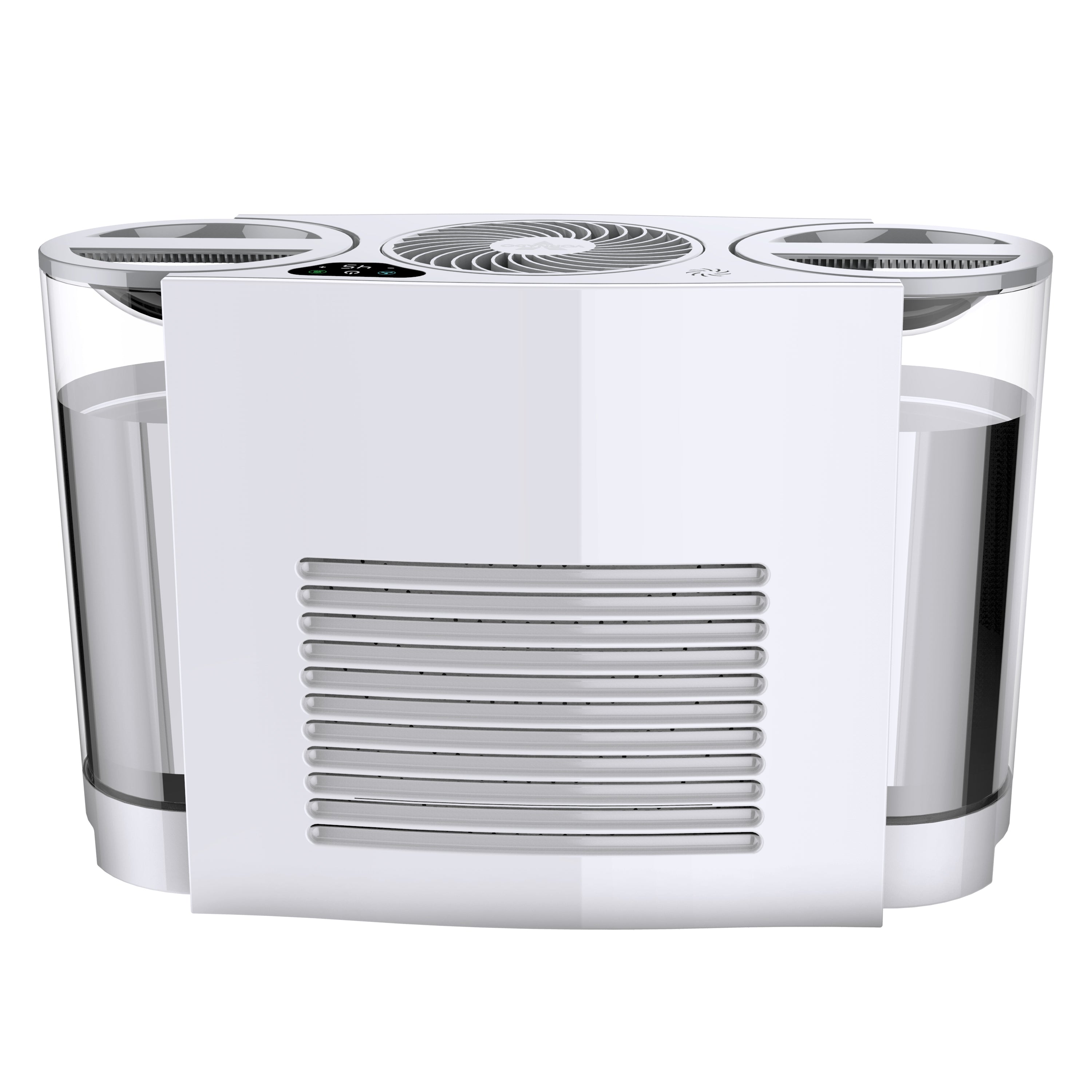 Modern humidifier with a white base and clear glass sides on a white background