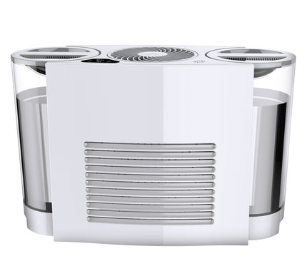 Modern humidifier with a white base and clear glass sides on a white background