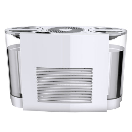 Modern humidifier with a white base and clear glass sides on a white background