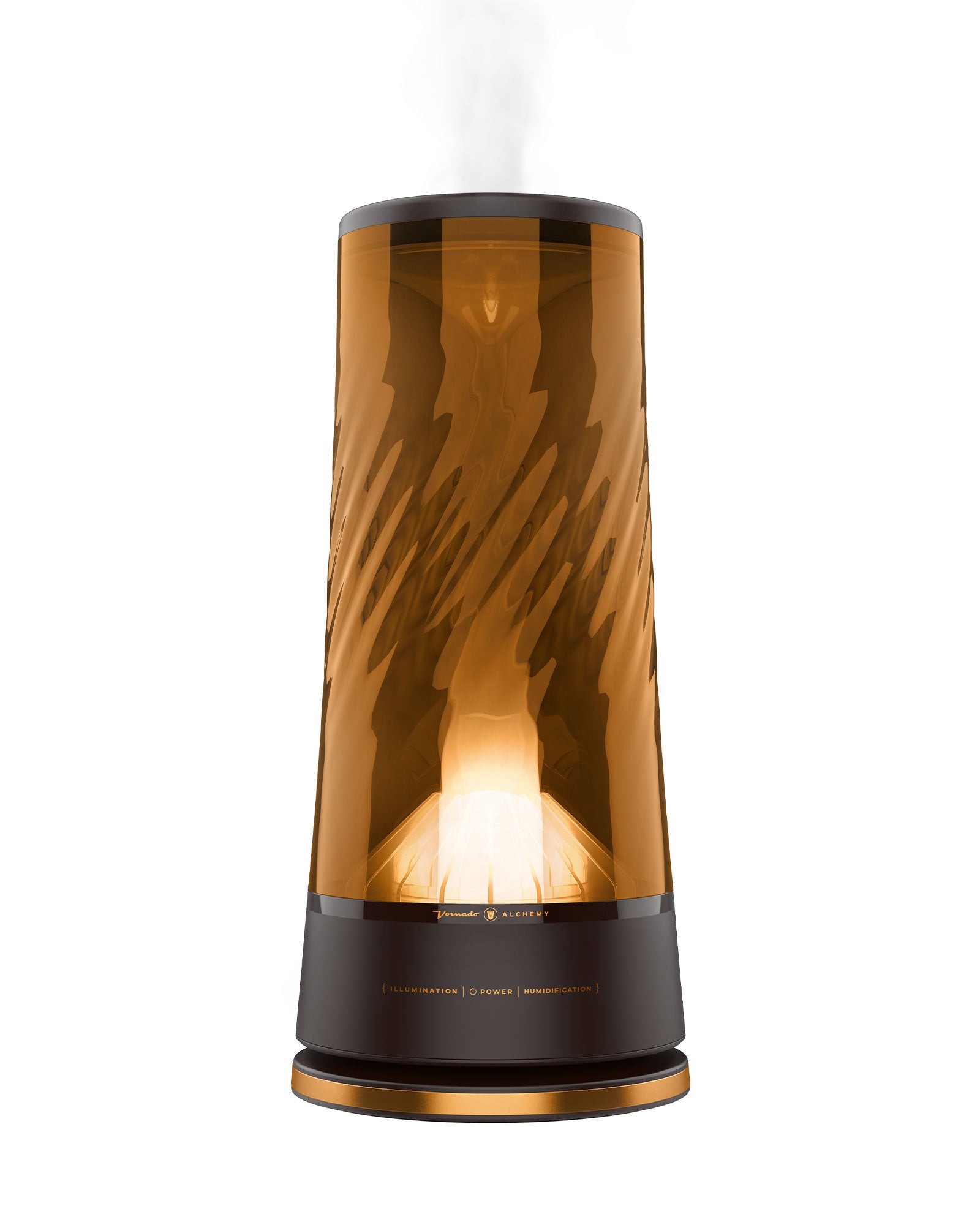 Cylindrical diffuser with wavy brown design on a white background