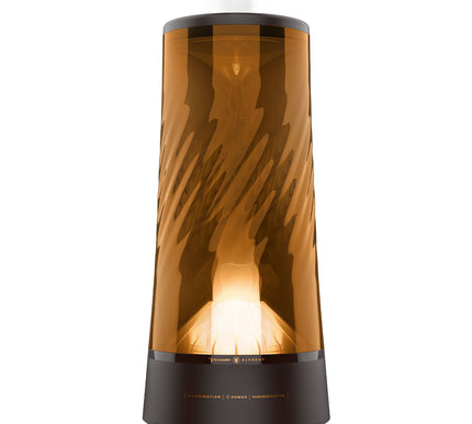 Cylindrical diffuser with wavy brown design on a white background