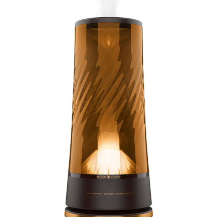 Cylindrical diffuser with wavy brown design on a white background