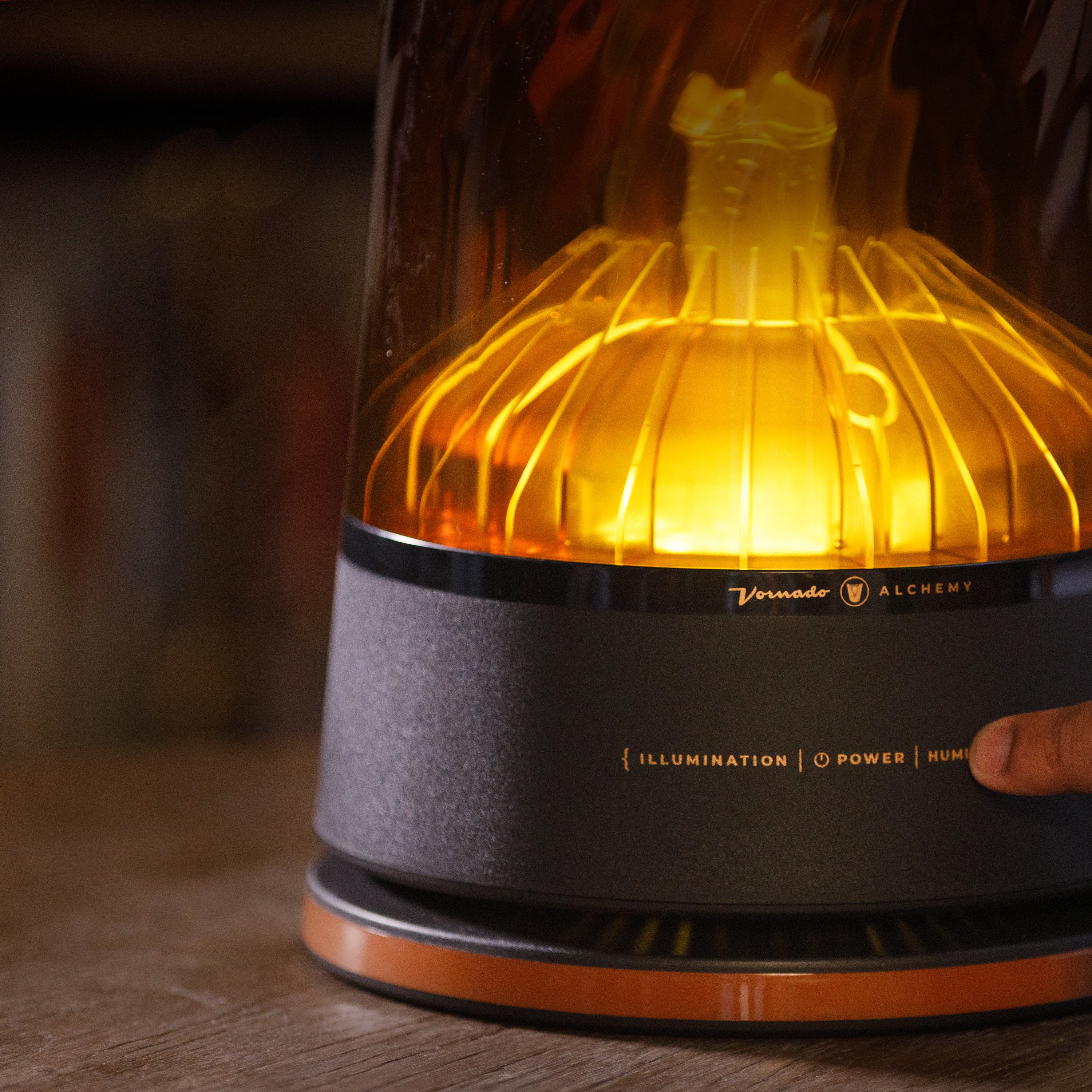 Luminescent with glowing interior on a wooden surface