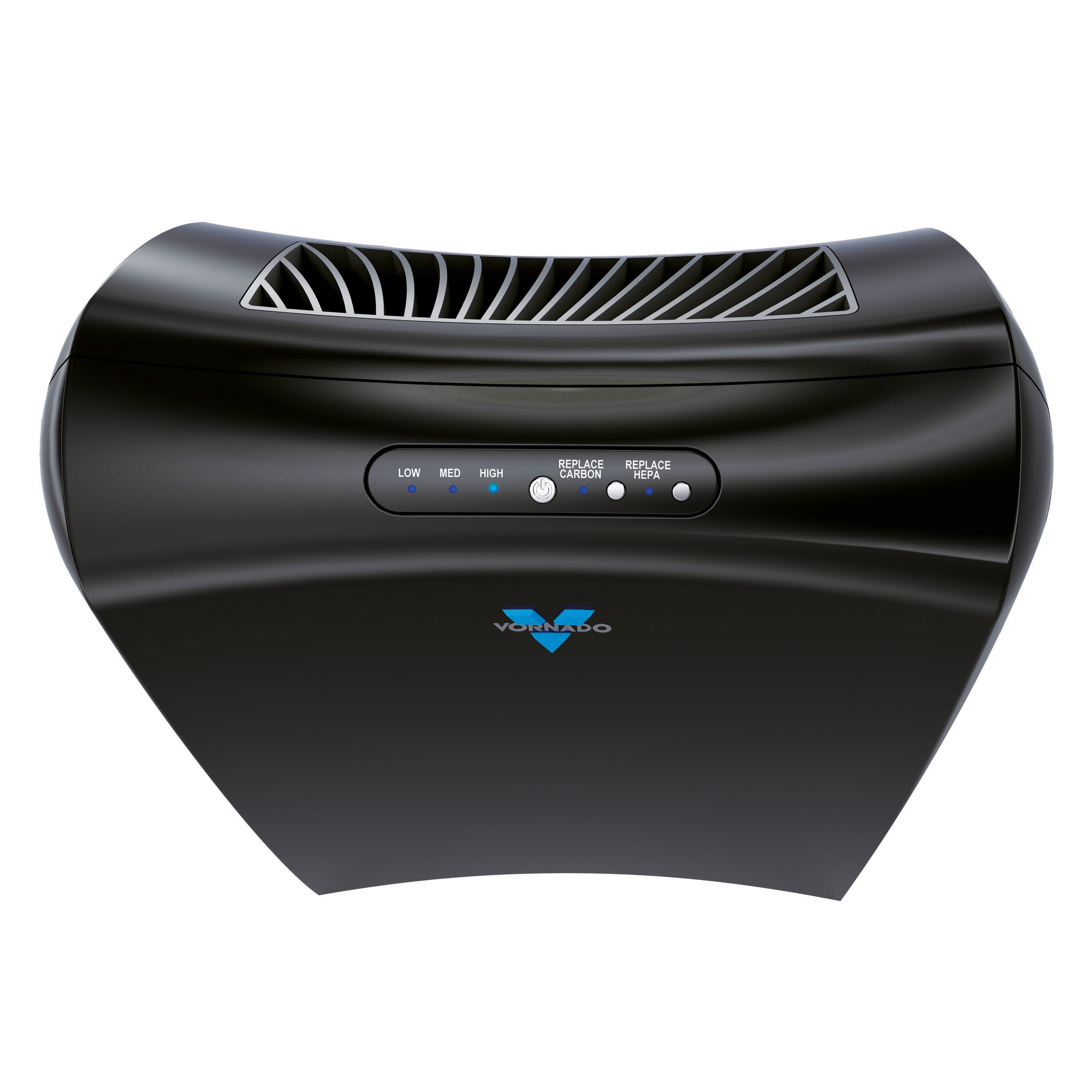 Black air purifier with visible brand logo on a white background