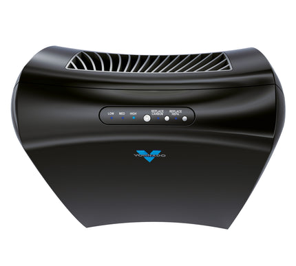 Black air purifier with visible brand logo on a white background