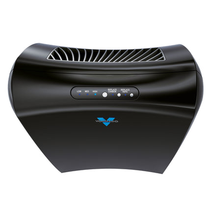 Black air purifier with visible brand logo on a white background