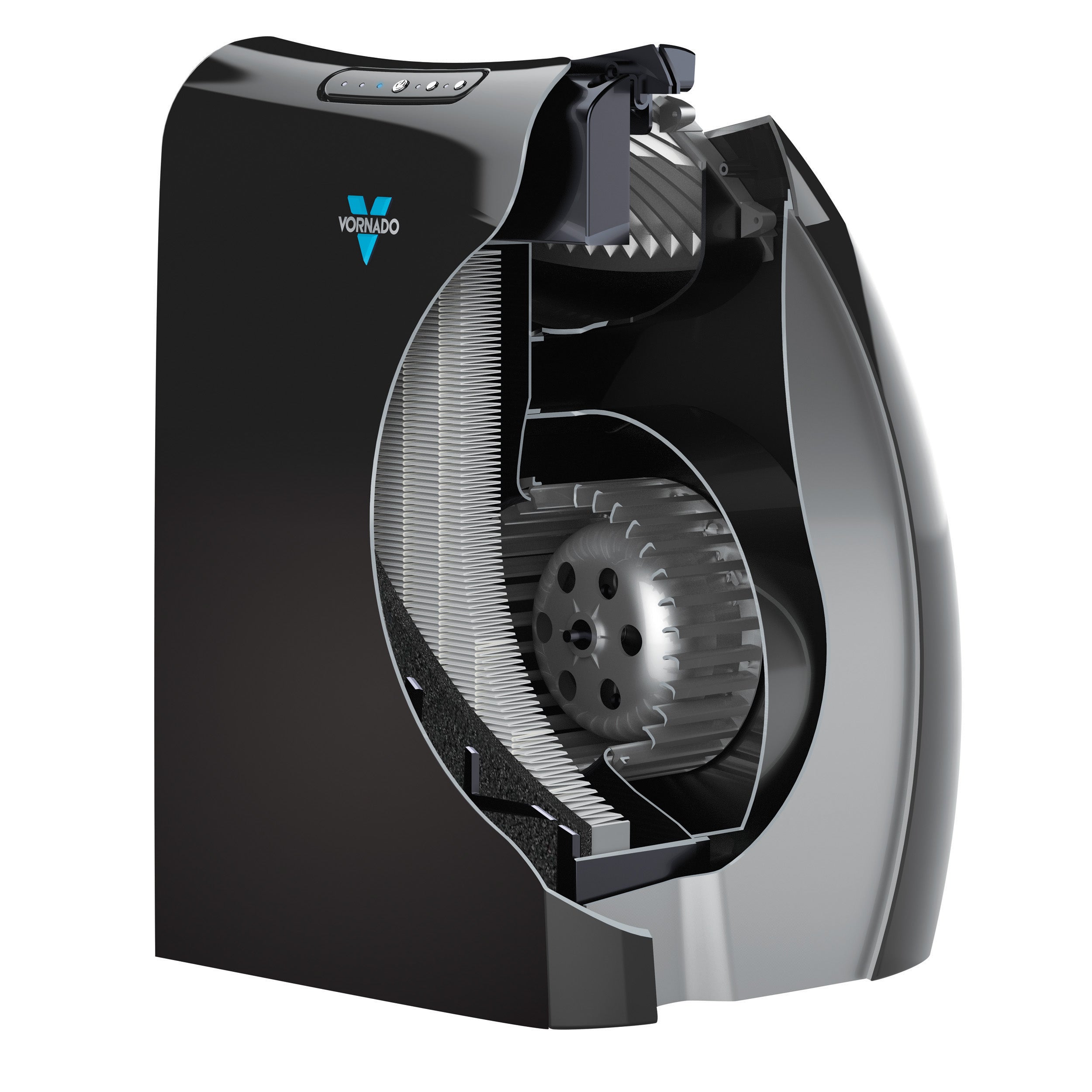 Black and gray Vornado air circulation device on a white background