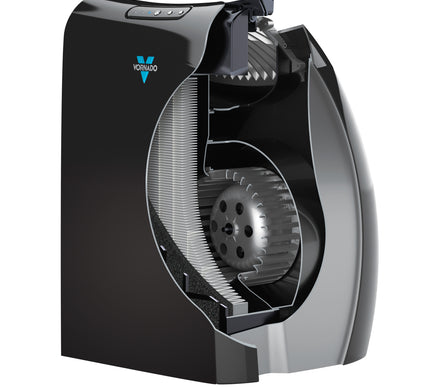 Black and gray Vornado air circulation device on a white background
