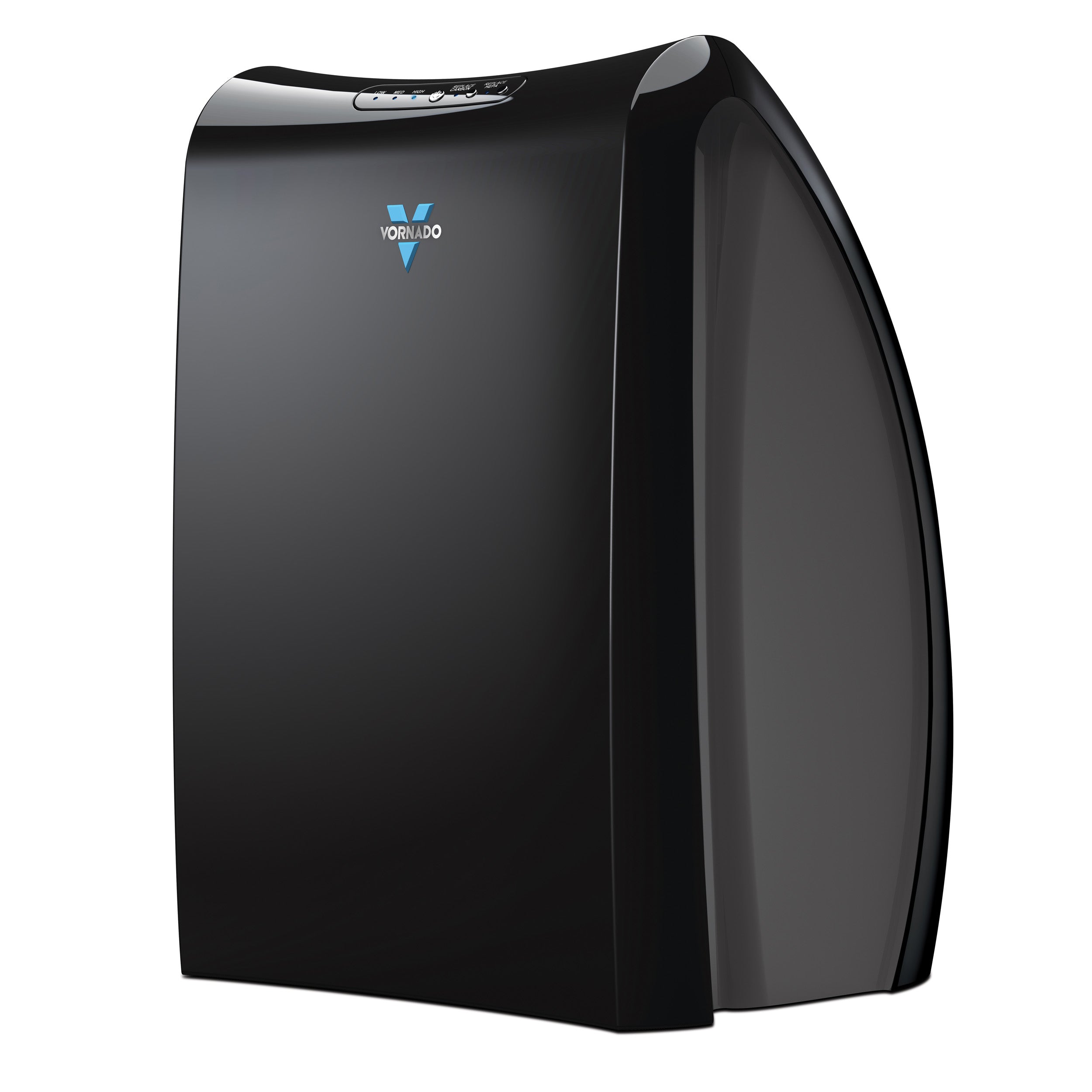 Black air purifier with a visible brand logo on a white background