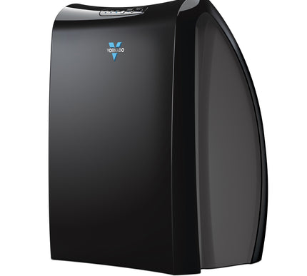 Black air purifier with a visible brand logo on a white background