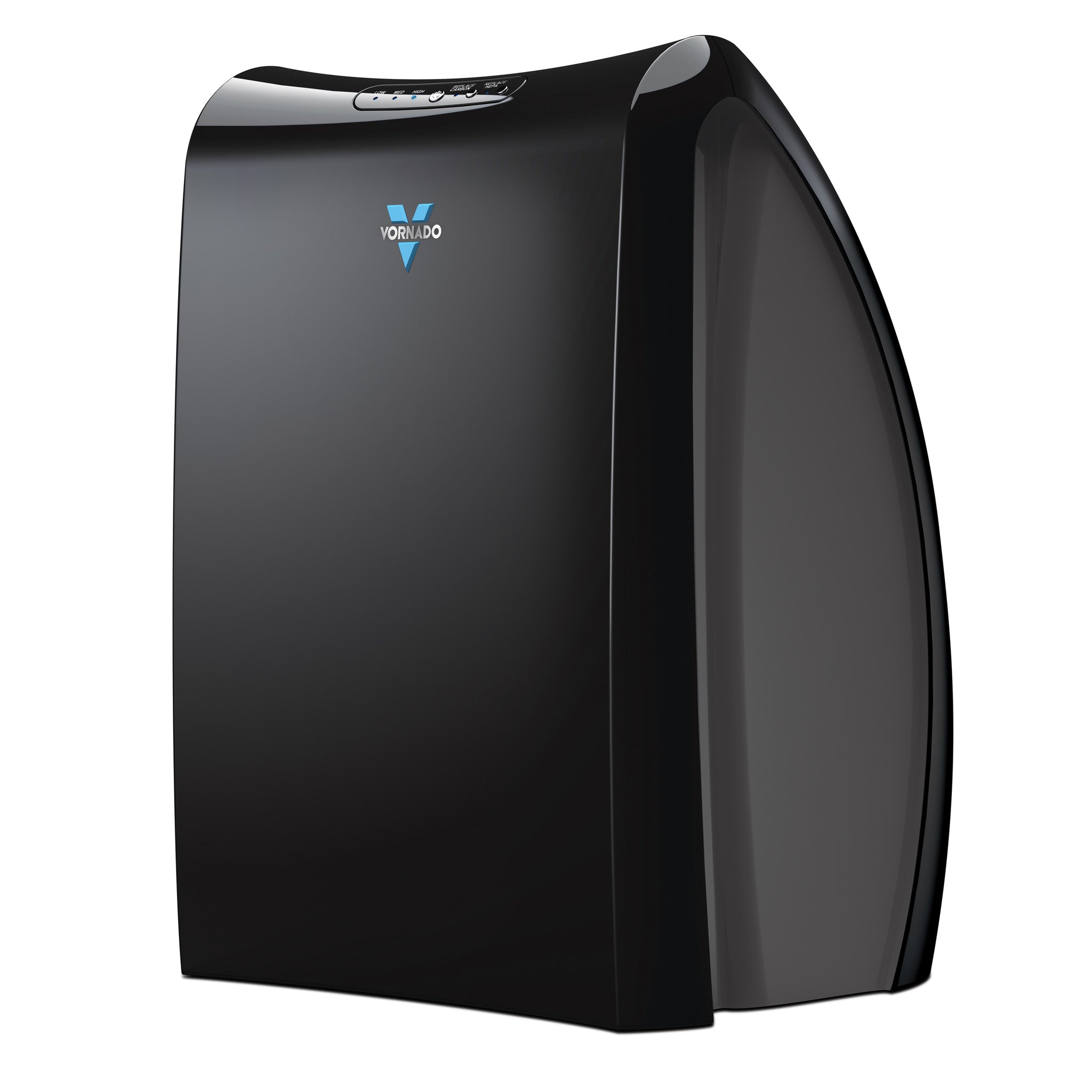 Black air purifier with a visible brand logo on a white background