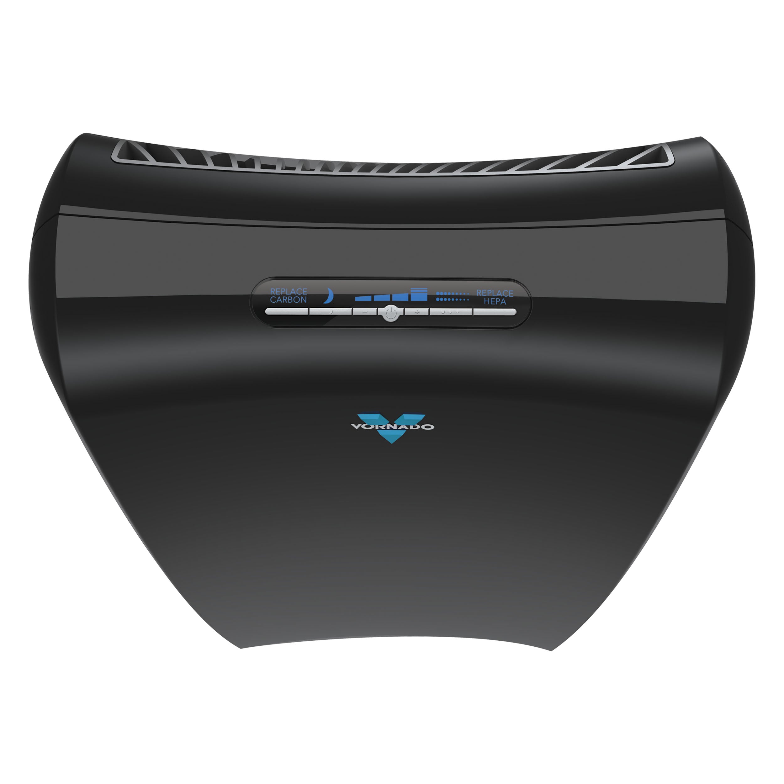 Black air purifier with 'Vornado' logo on a white background