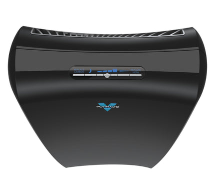 Black air purifier with 'Vornado' logo on a white background