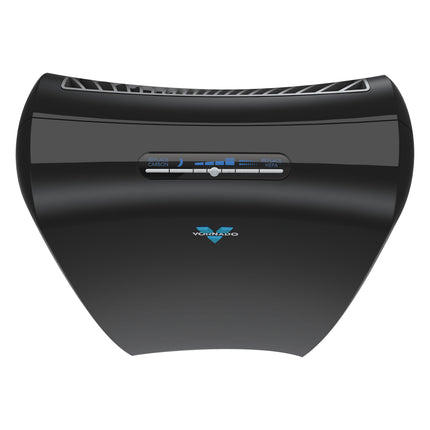 Black air purifier with 'Vornado' logo on a white background
