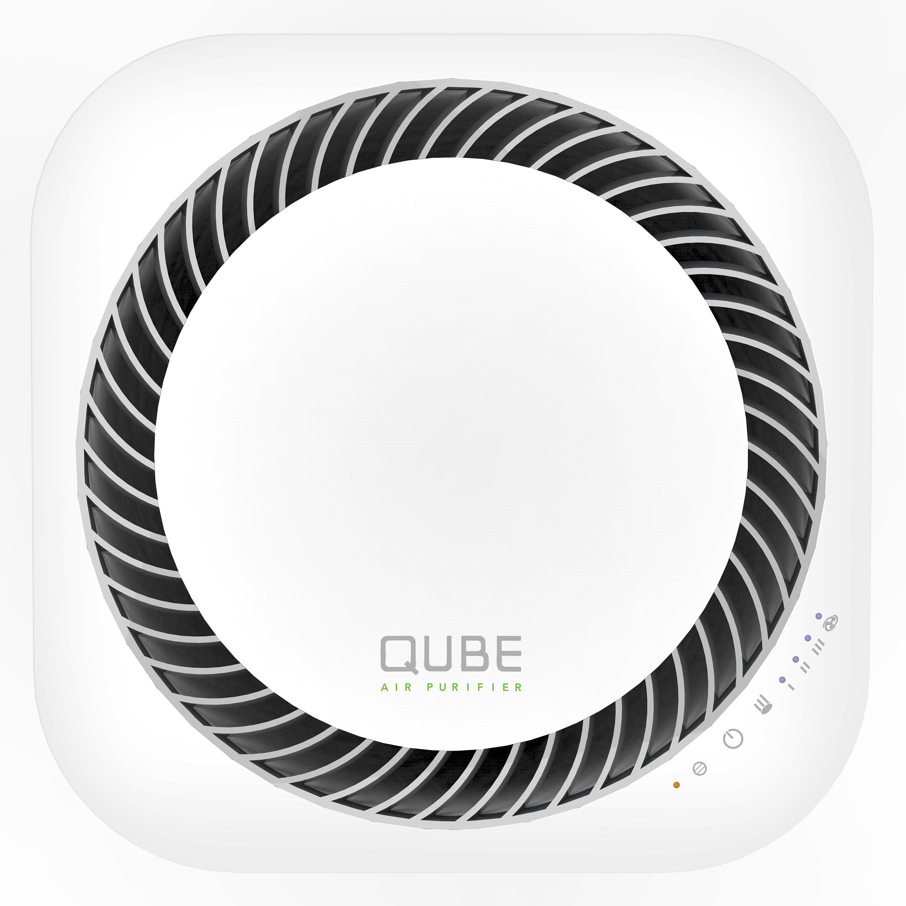 Qube air purifier with white design on a white background