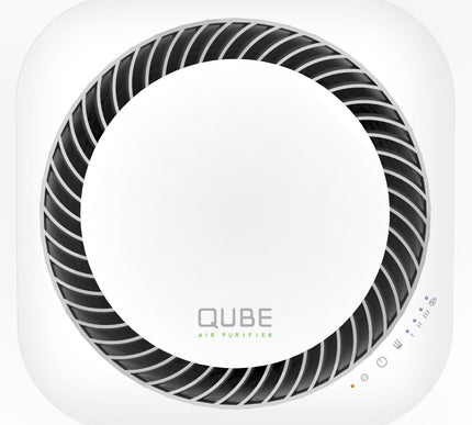 Qube air purifier with white design on a white background