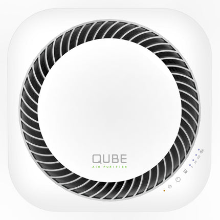 Qube air purifier with white design on a white background