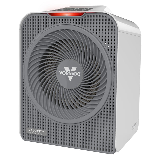 Gray Vornado heater with fan on a white background