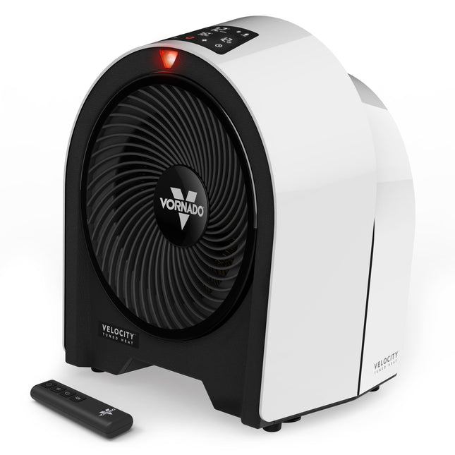 White and black Vornado velocity space heater with remote control on a white background