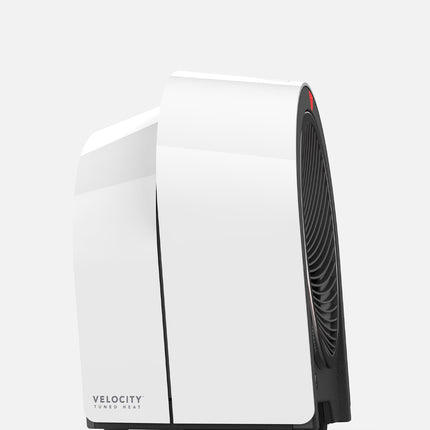 White heater with black accents on a white background