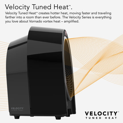 Black heater with Velocity Tuned Heat branding and text about its features on a white background.
