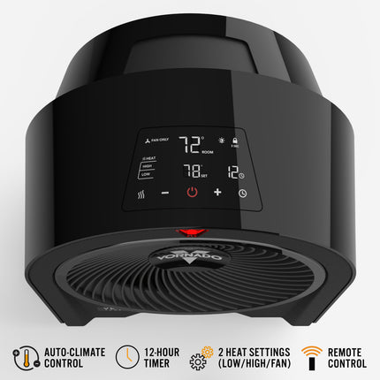 Black Vornado heater with digital display on a white background