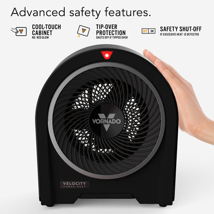 Black Vornado velocity heater with safety features on a white background
