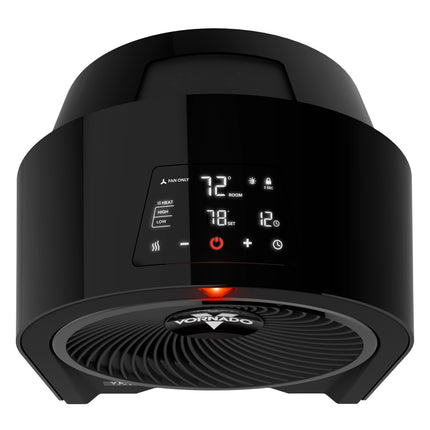 Black Vornado heater with digital display on a white background
