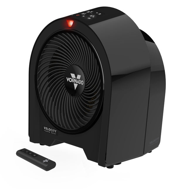 Black Vornado heater with remote control on a white background