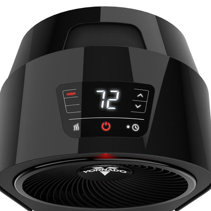 Black portable heater with digital display and 'Vornado' branding on a white background