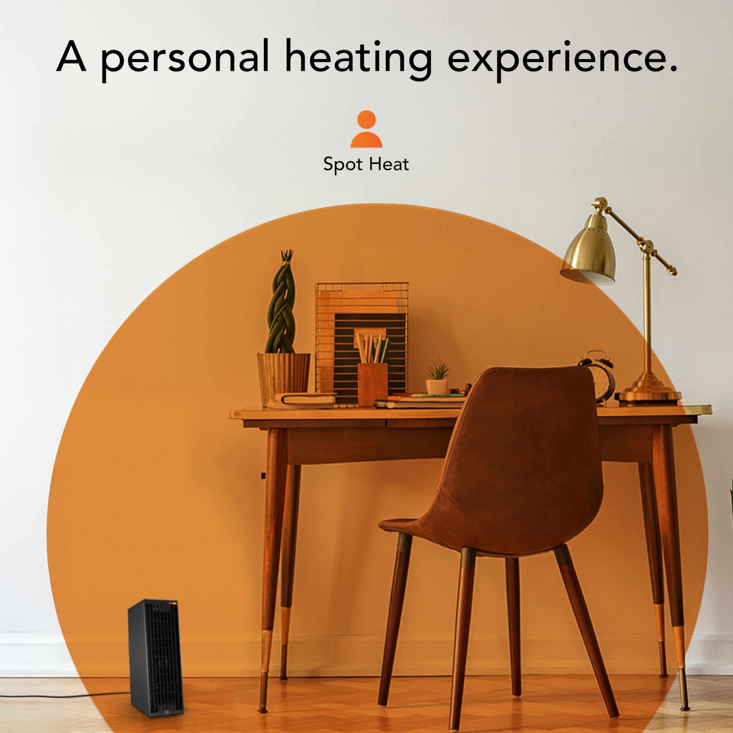 Home office setup with a desk, chair, and Spot Heater device on the floor.