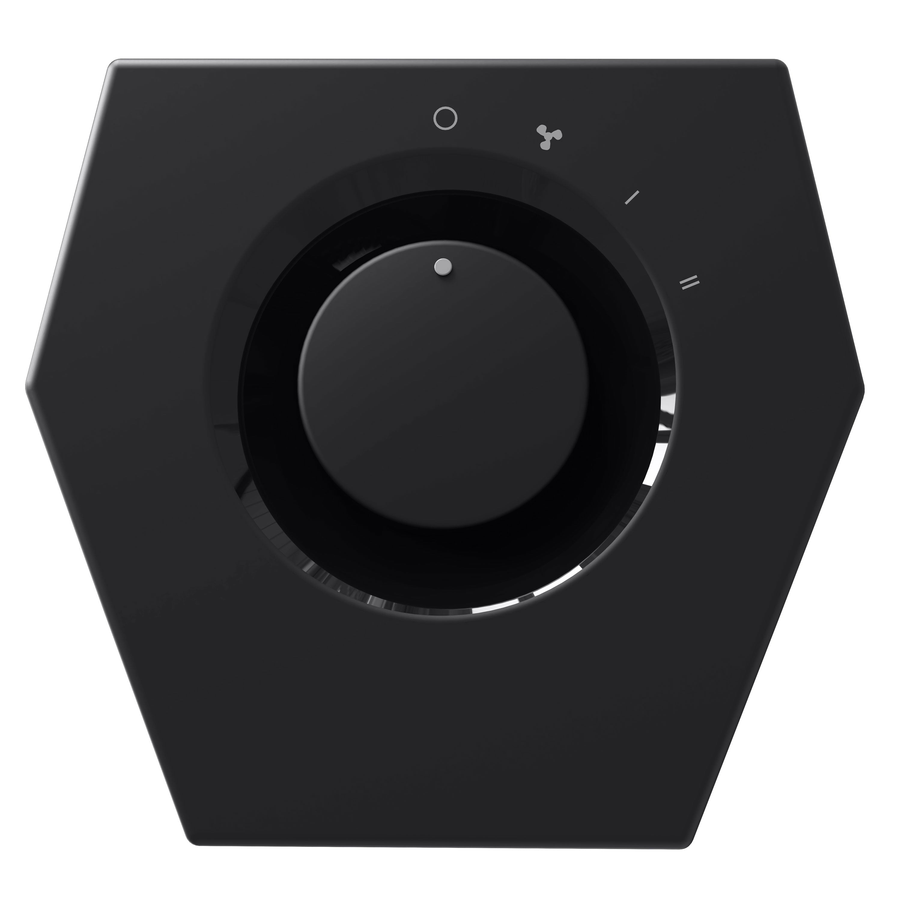 Black heater top view with circular control dial on a white background