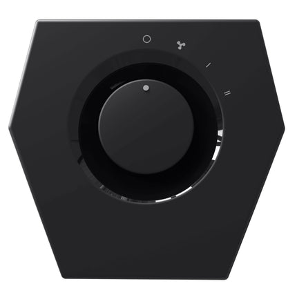 Black heater top view with circular control dial on a white background