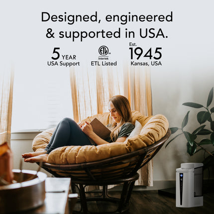 Woman reading a book in a modern chair with text about product design, engineering, and support in the USA.